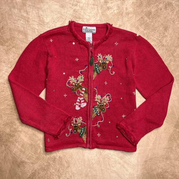 Heirloom Collectibles Sweaters - Vintage Y2K Reindeer Christmas Sweater Zip Red Beaded Knit Embroidered Holiday